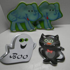 Kids Halloween Plates Appetizer Plates Black Cat Ghost Elephant  Lot of 4